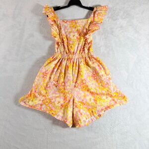 EttaVee Girls Vibrant Floral Ruffle Cross Back Romper Size 8 Pink Orange Yellow